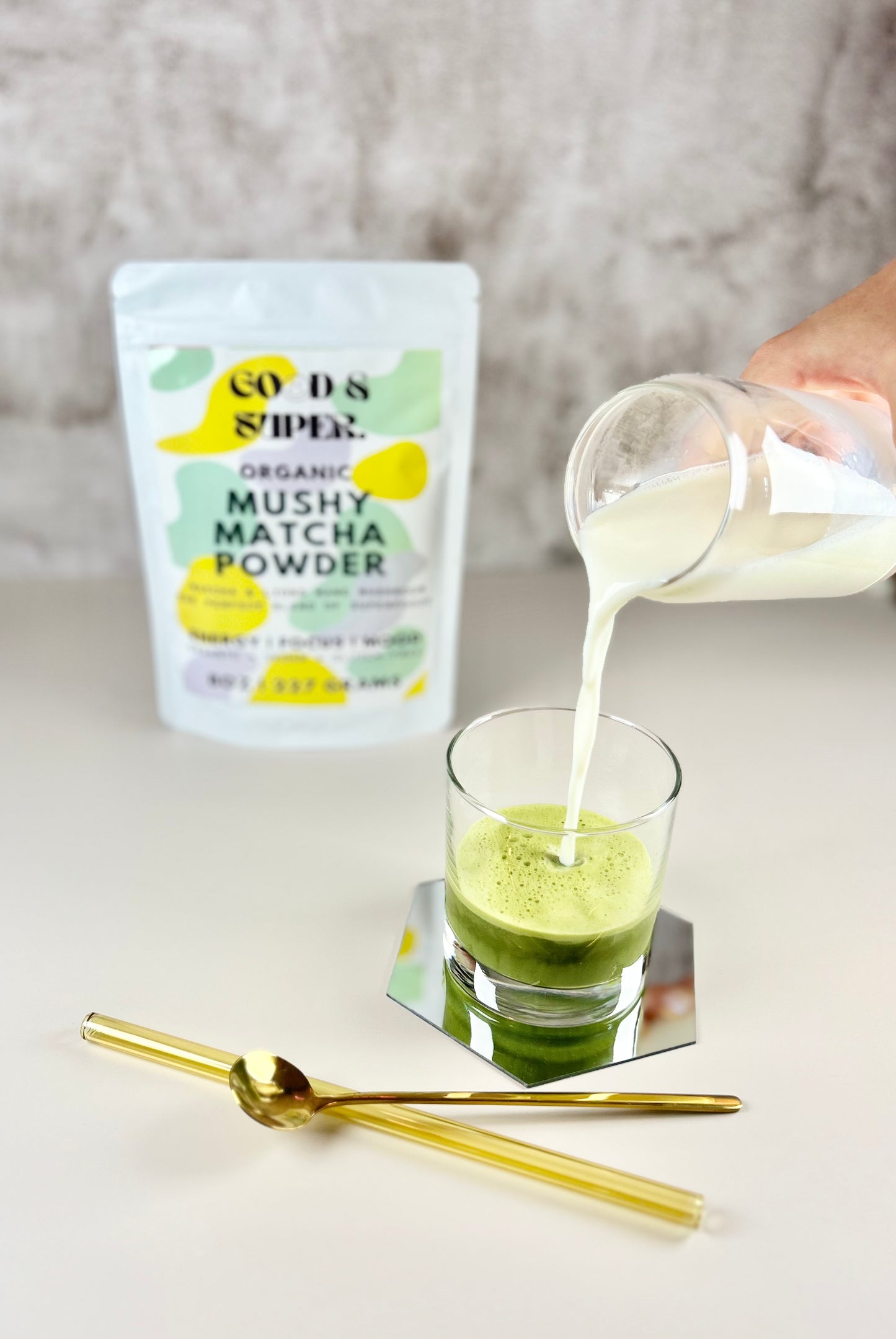 Mushy matcha by good and super. The perfect blend of organic lions mane powder and organic matcha powder . Make the perfect mushroom matcha latte